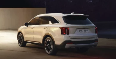 SUV blanco Kia aparcado en ambiente exterior nocturno.