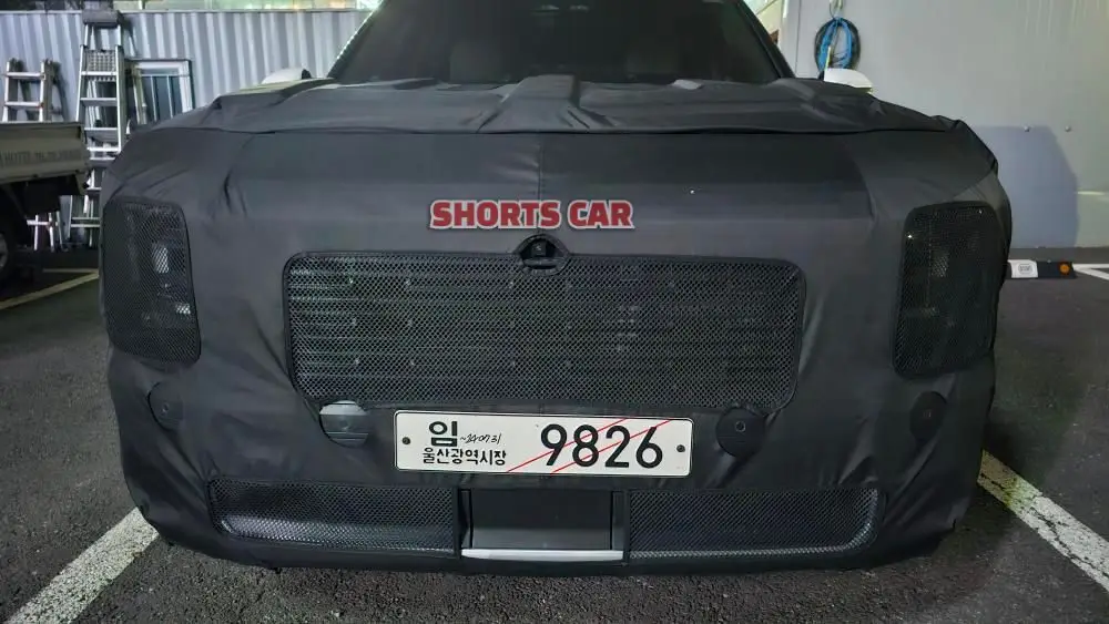 Un coche camuflado con una lona negra y matrícula surcoreana.