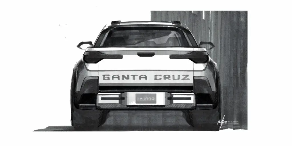 Ilustración en blanco y negro de un Hyundai Santa Cruz de parte trasera.