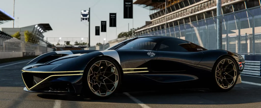 Automóvil deportivo negro en una pista de carreras.