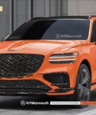 SUV Genesis GV70 naranja en un showroom.