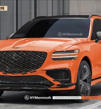 SUV Genesis GV70 naranja en un showroom.