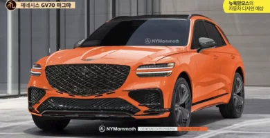 SUV Genesis GV70 naranja en un showroom.