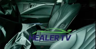 Interior de un coche con asientos de cuero y la marca "HEALER TV".