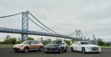 Tres autos estacionados frente a un puente azul.