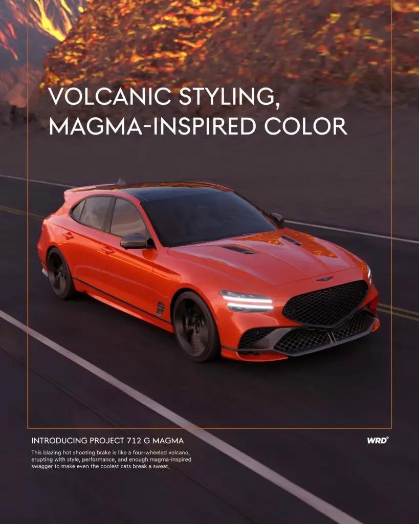 Auto deportivo naranja estilo volcánico en carretera junto a lava ardiente.