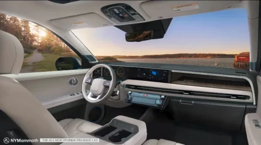 Interior futurista de un coche con vista a paisaje lacustre.