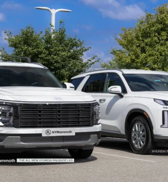 Dos camionetas Hyundai Palisade blancas estacionadas al aire libre.