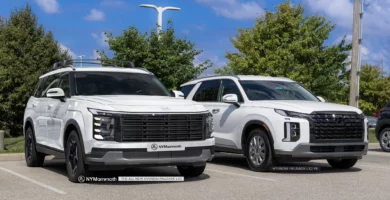 Dos camionetas Hyundai Palisade blancas estacionadas al aire libre.