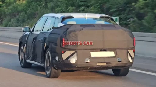 Automóvil camuflado en carretera con vegetación al fondo.