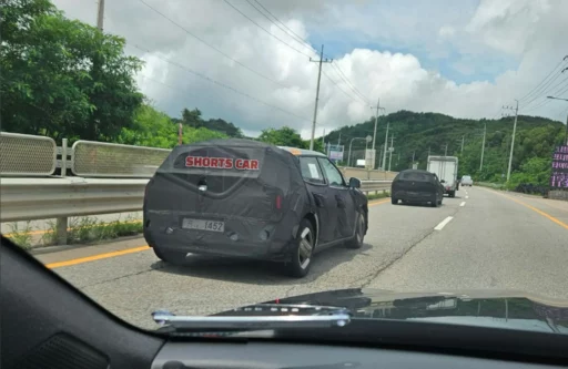 Auto camuflado en carretera, texto "SHORTS CAR" visible.