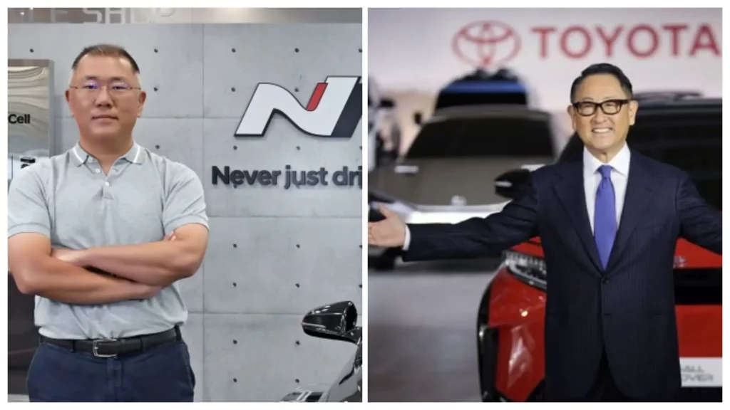 Dos hombres posando frente a logos de marcas automotrices.