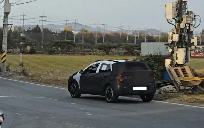 Automóvil camuflado circulando por una carretera rural.