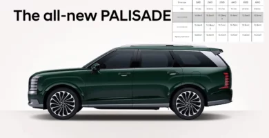 SUV Palisade verde, vista lateral, con especificaciones de rendimiento.