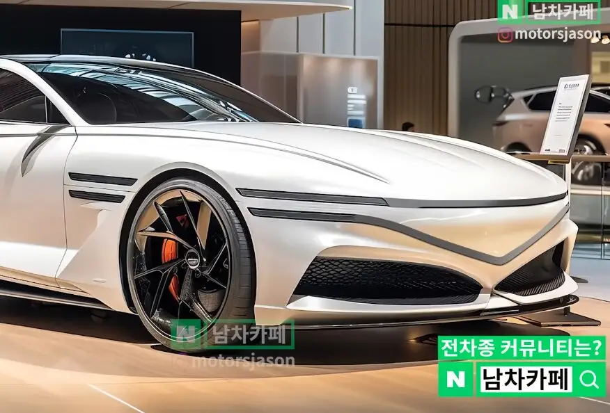 Coche deportivo blanco de diseño futurista en exhibición interior.